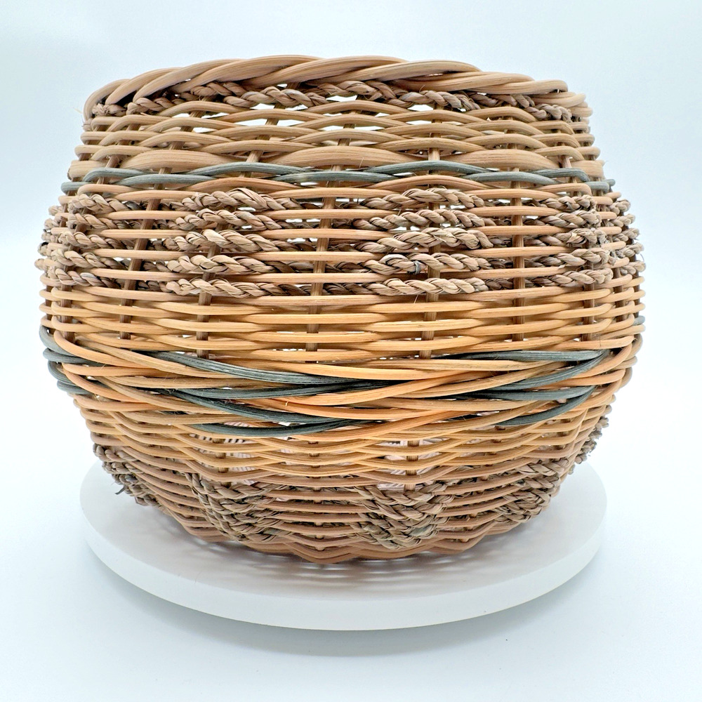 Vintage Hand Woven Basket Rattan Seagrass Artisan Signed 8.75 x 7"